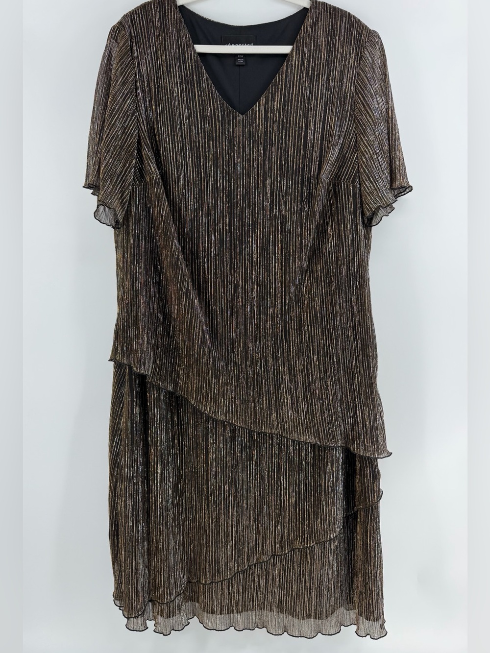 Connected Apparel Black Metallic Asymmetrical Layered Dress, Women's 22W
